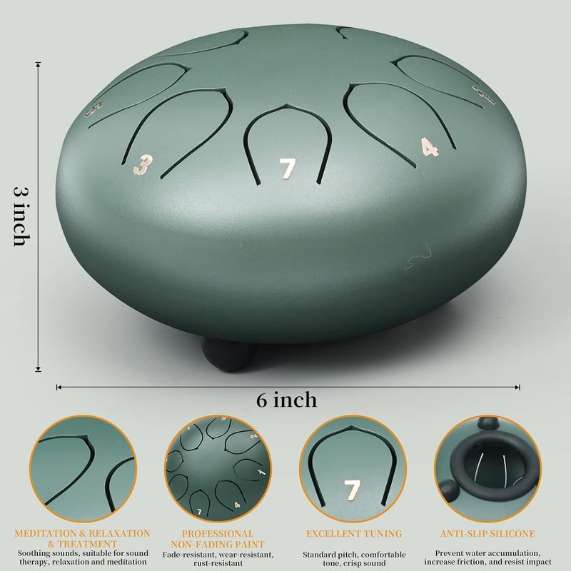 MELHA Rain Drum for Outside Garden6 Inches 8 Notes Steel Tongue Chakra Drums, Waterproof Meditation Rain Chime, Musical Instruments for Gift with Bag, Drum Mallets, Music Book (Green) - Image 3